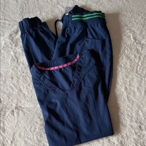 HeartSoul Navy Joggers scrubs with Green and Pink Accents